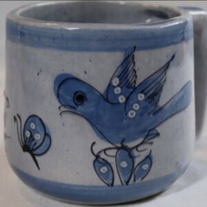 Vintage Mexican Tonala Hand Painted & Glazed Blue Bird Mug Signed